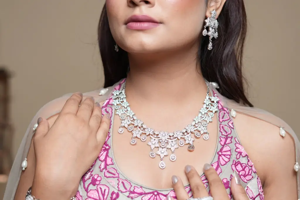 Cocktail Look American Diamond Necklace Set - With Earings : CED32368