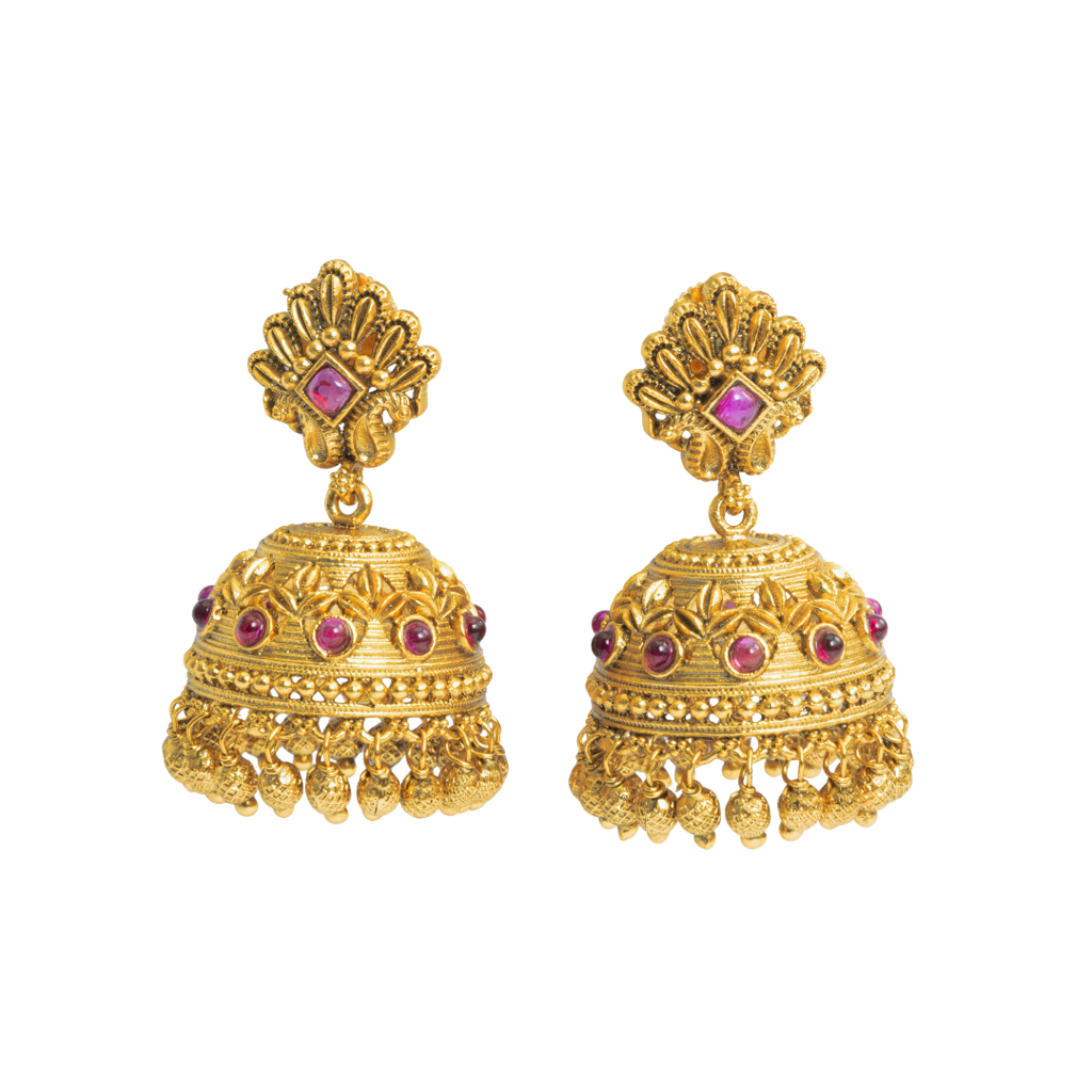 Traditional South Indian Bridal Temple Jhumka Earrings With Antique Gold Finish : R-1157
