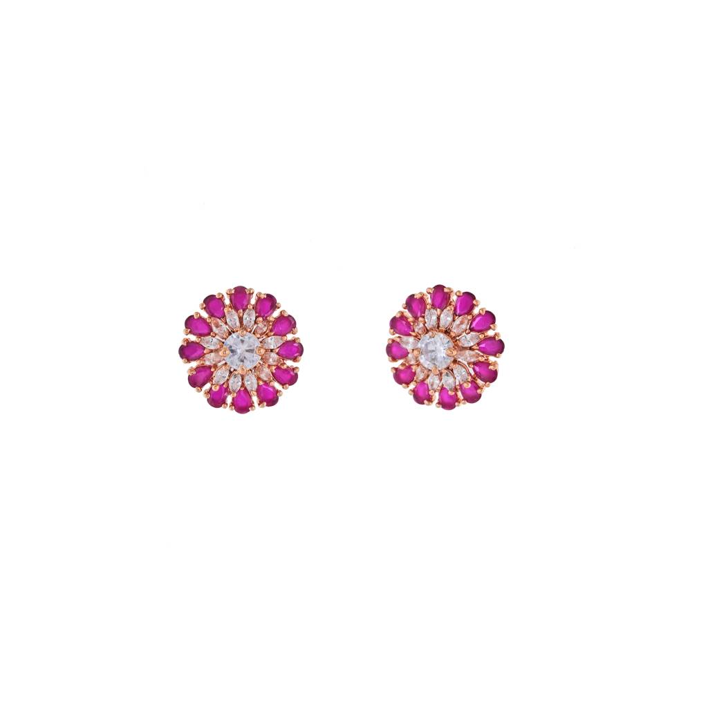 Estele Rose Gold Plated Cz Sparkling Flower Designer Stud Earrings With Ruby American Diamonds For Women : AD-113729-RG-RDER