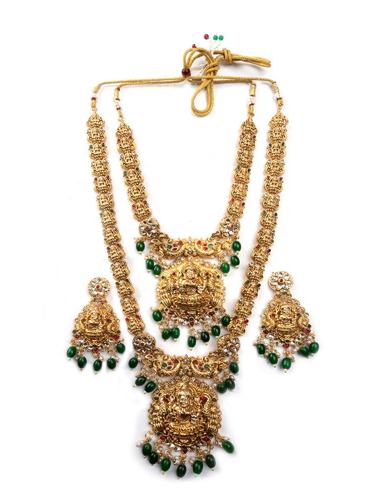 Luxurious Laxmi Patti Combo Jewelry Set With Green Beads : SATJS299GREEN