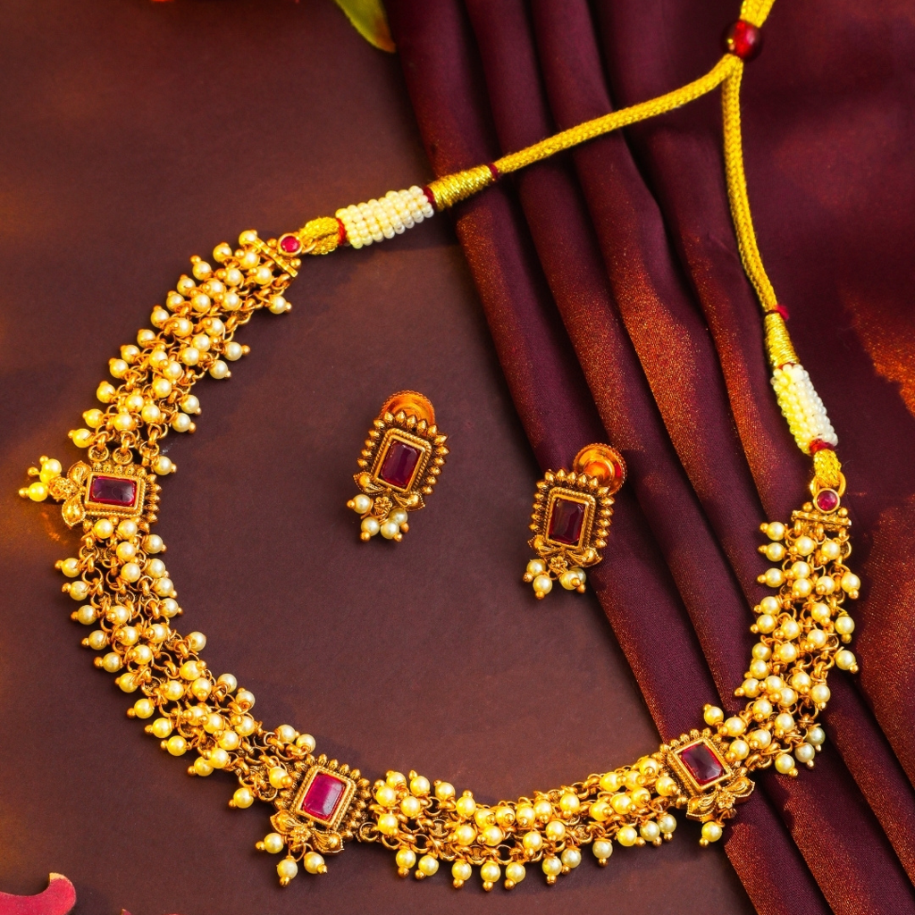 Mukta Pearl Choker Necklace Set – 1 Gram Gold Plated Temple Jewellery : K-1783