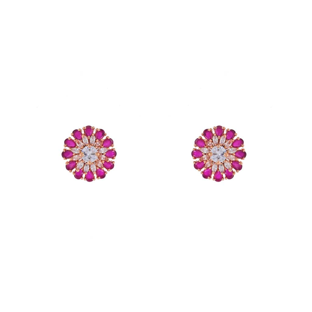 Estele Rose Gold Plated Cz Sparkling Flower Designer Stud Earrings With Ruby American Diamonds For Women : AD-113729-RG-RDER