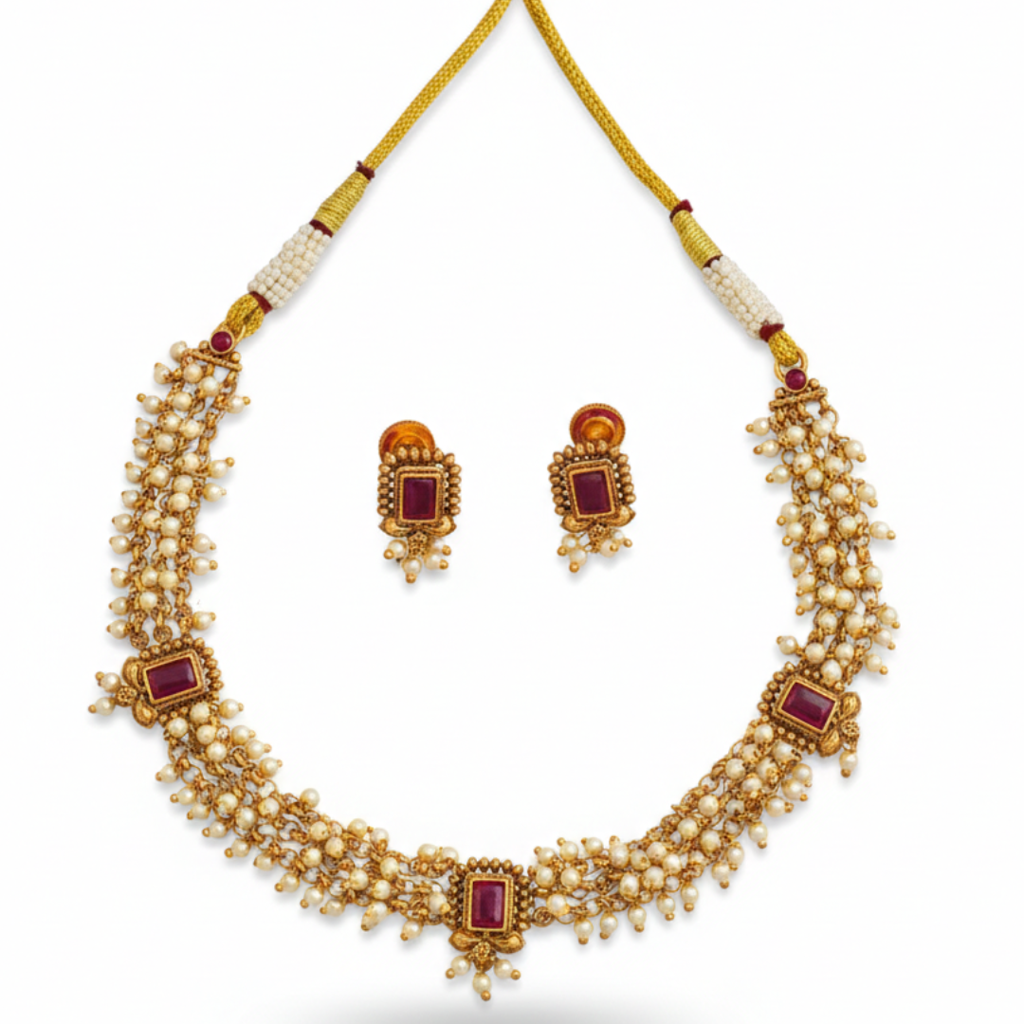 Mukta Pearl Choker Necklace Set – 1 Gram Gold Plated Temple Jewellery : K-1783