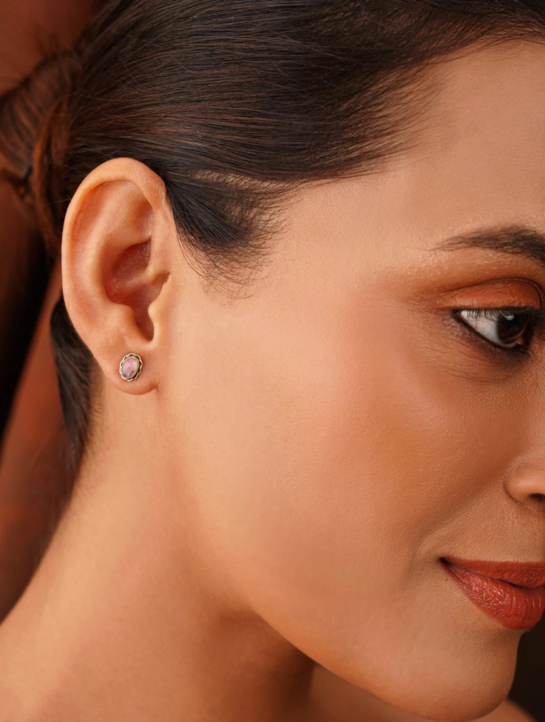 925 Sterling Silver Oval Shape Pink Stone Stud Earrings : ARSSE720