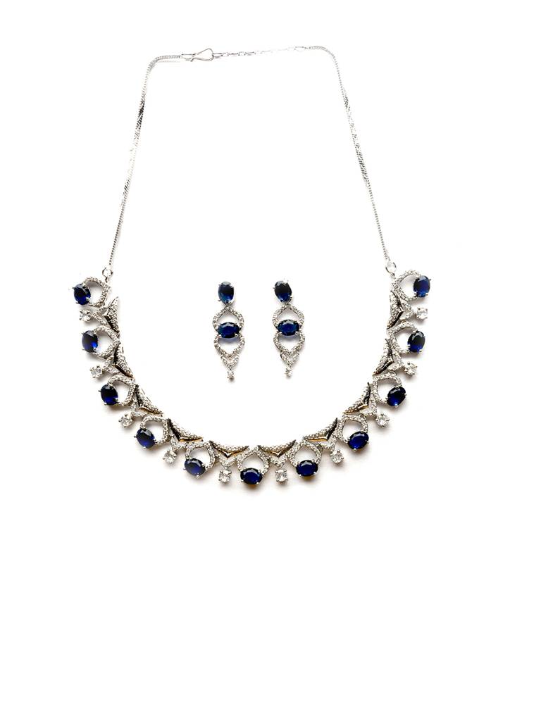 Silver-Plated Sleek Cut Work Cz Ad Necklace : AD126BLUE