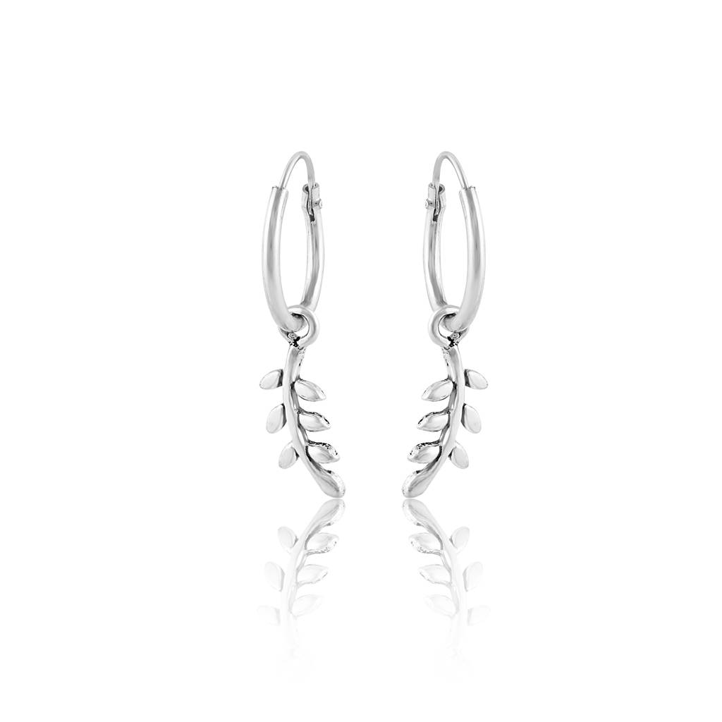 925 Sterling Silver Hoop Earrings With Leaf Branch Charms : RJSPER54