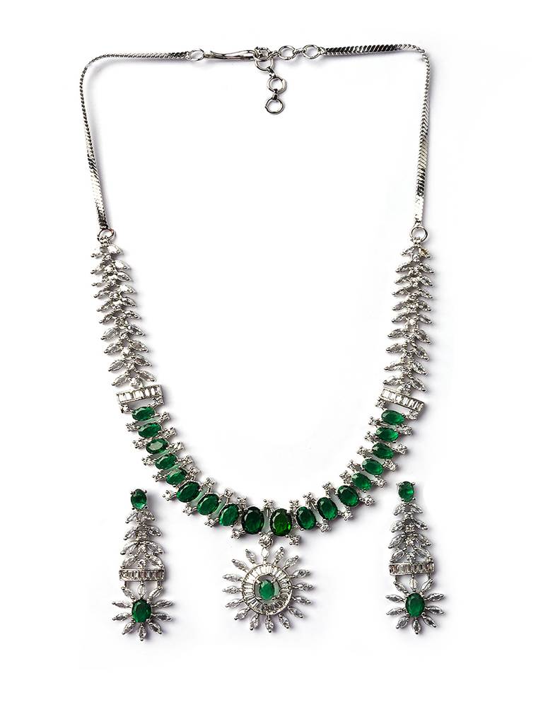 Silver Plated American Diamond Studded Dual Shade Necklace Set : AD142Green