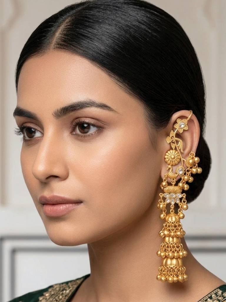 Gold-Plated Stone Studded Dome Shaped Jhumka Earrings : VI26EROX100317