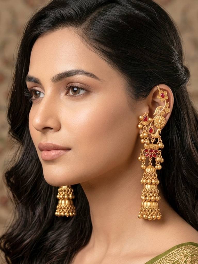 Gold-Plated Stone Studded Dome Shaped Jhumka Earrings : VI26EROX100318