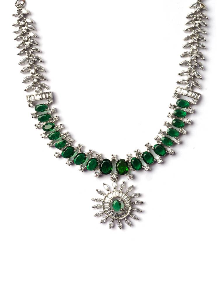 Silver Plated American Diamond Studded Dual Shade Necklace Set : AD142Green