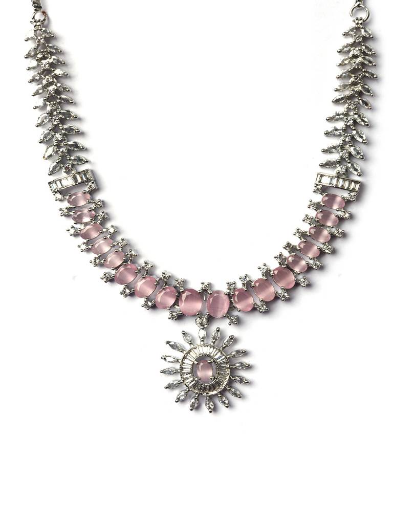 Silver Plated American Diamond Studded Dual Shade Necklace Set : AD142Pink