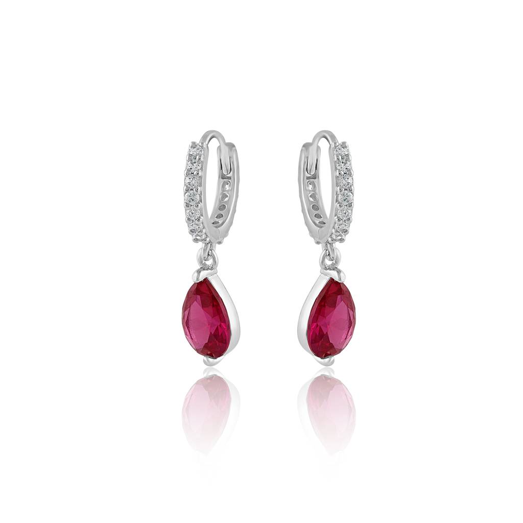 925 Sterling Silver Zircon-Studded Hoop Earrings With Ruby Red Teardrop Danglers : RJSPER49