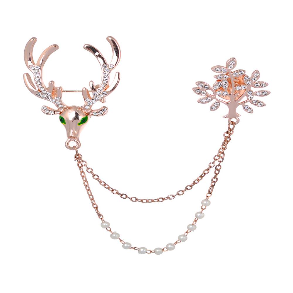 Mens Rose Gold Plated Deer & Leaf Double Chained Collar Pin / Brooch : ASK316BR1142