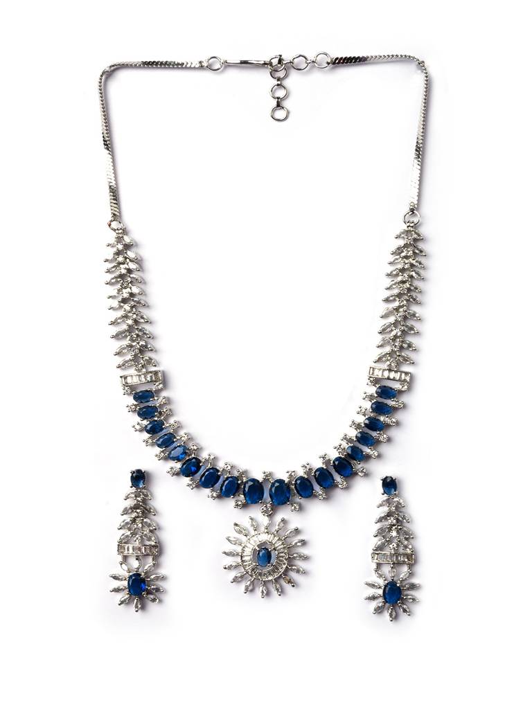 Silver Plated American Diamond Studded Dual Shade Necklace Set : AD142Blue