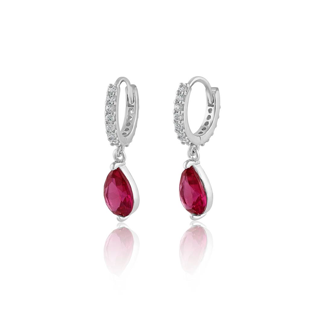 925 Sterling Silver Zircon-Studded Hoop Earrings With Ruby Red Teardrop Danglers : RJSPER49