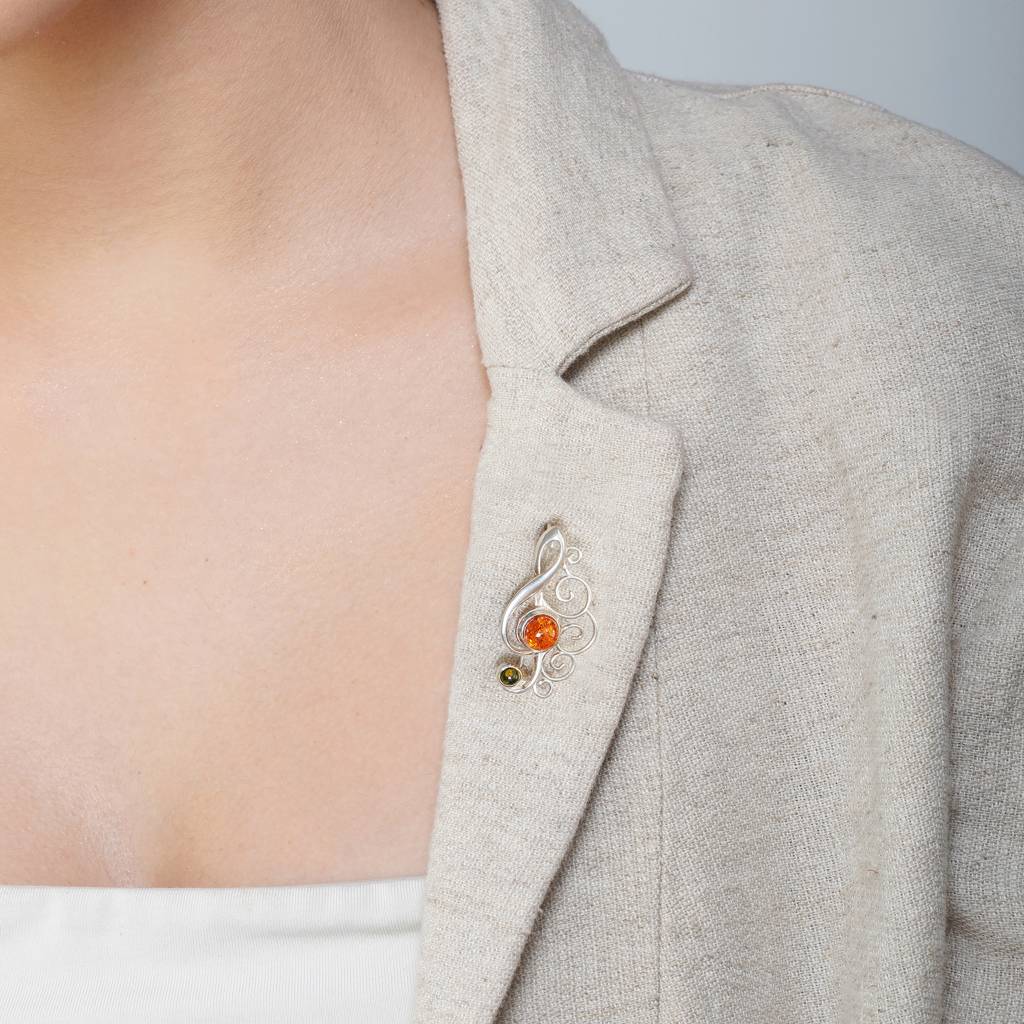 Cognac & Green European Baltic Amber Treble Clef Brooch In Sterling ...