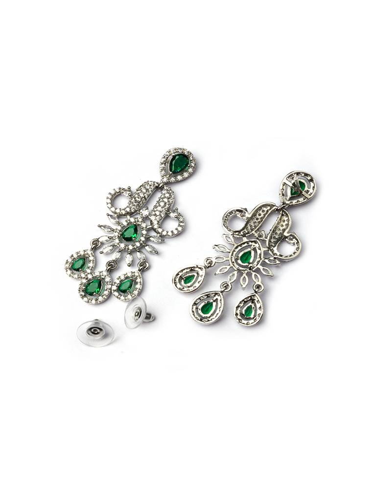 Princess Style Flower Ad Necklace Set With Long Earrings Set For Women/Girls - Wedding Jewelry/Party & Festival A : AD137GREEN