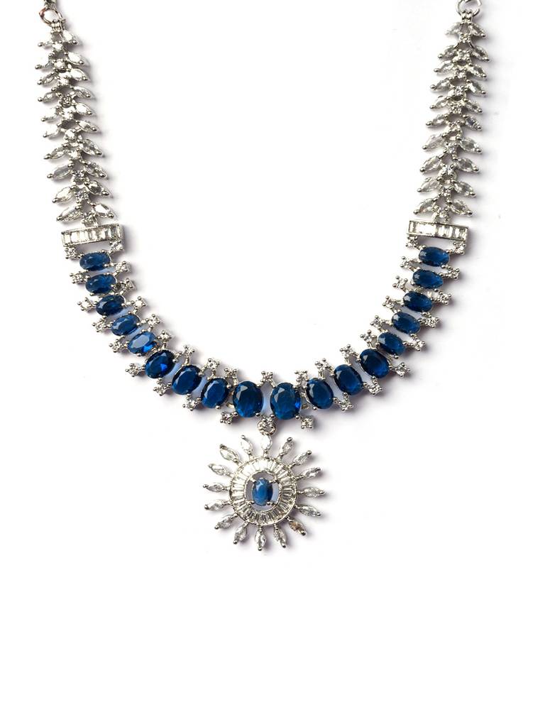 Silver Plated American Diamond Studded Dual Shade Necklace Set : AD142Blue