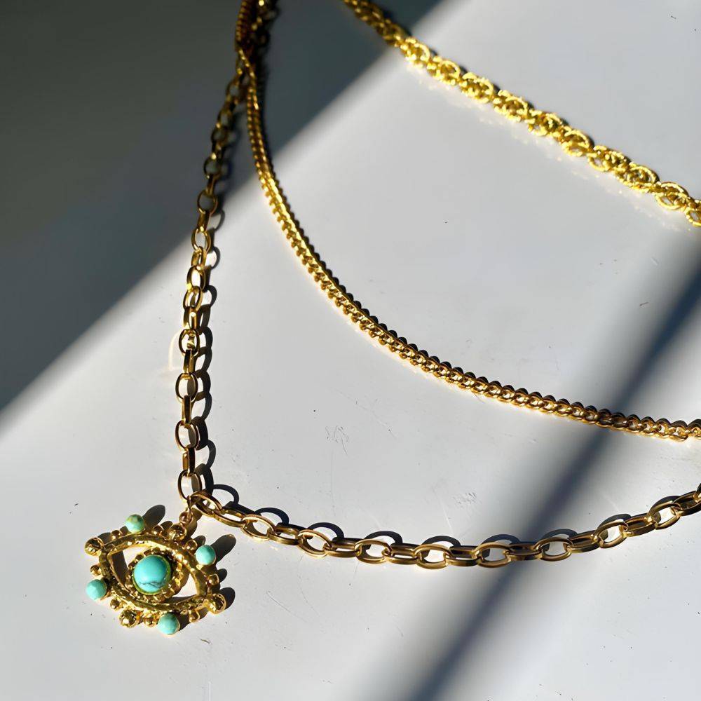 18Kt Gold Plated Devil'S Eye Three Layered Necklace, Yasmin : INYASMIN