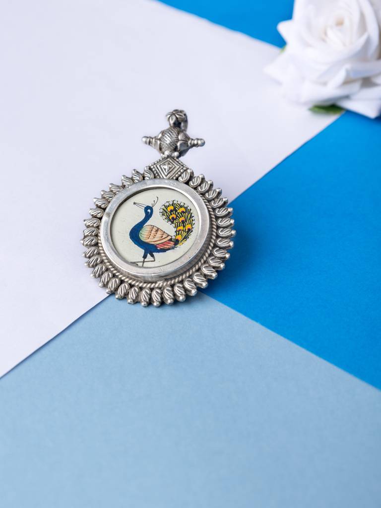 925 Sterling Silver Moh Handpainted Peacock Pendant : SN401025