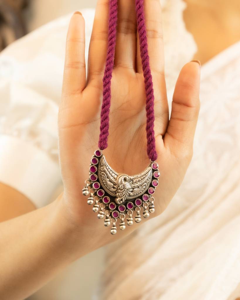 Adya Peacock Motif Ghughri Drop Dori Necklace : SN2211