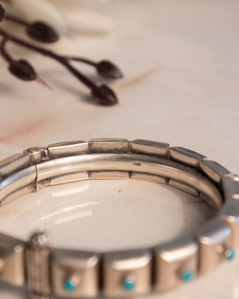 925 Sterling Silver Tattva Turquoise Stone Square Tikdi Embossed Kada : SK31288