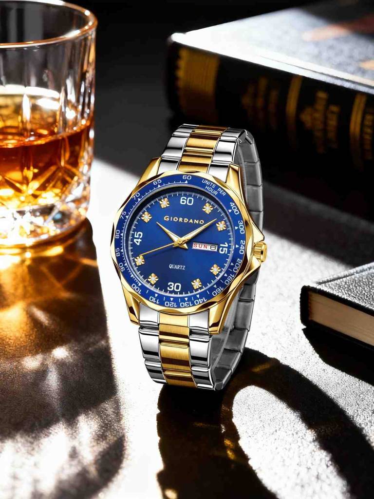 Giordano Two-Tone Analog Watch For Men - Crystal Hour Markers, Textured Bezel Design, Day & Date Display, Stainl : GZ-50177-22