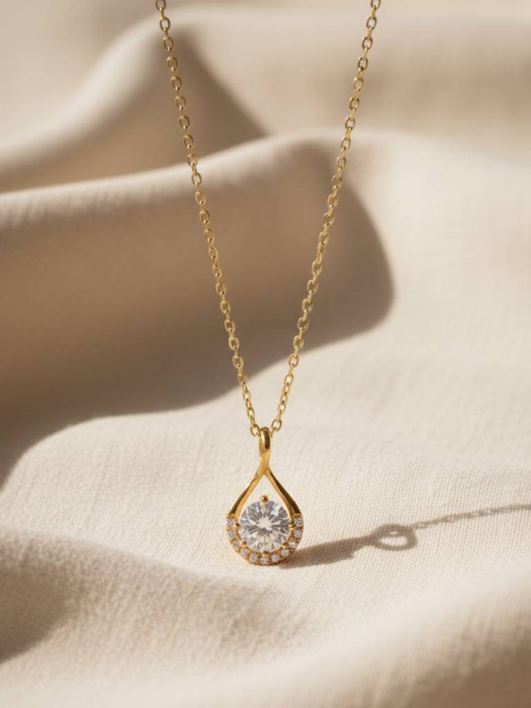 Anti-Tarnish White Solitaire Teardrop Pendant Chain | 18K Gold Cz : ATC647WSTPC