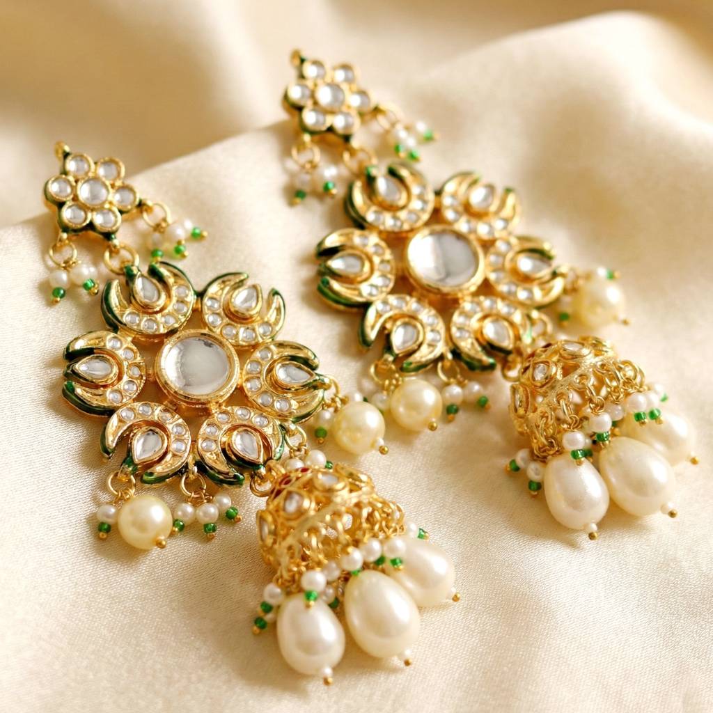 18K Gold Plated Kundan Jhumka With Green Back Meenakari Earrings : 1320-J5EK-2301-W