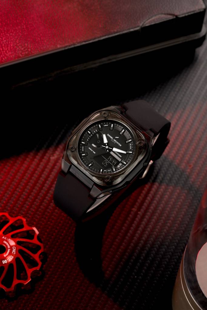 Paris Tech Collection Analog-Digital Sports Watch For Men – Black Dial, Silicone Strap, World Time & Countdown Ti : DHM1071-02