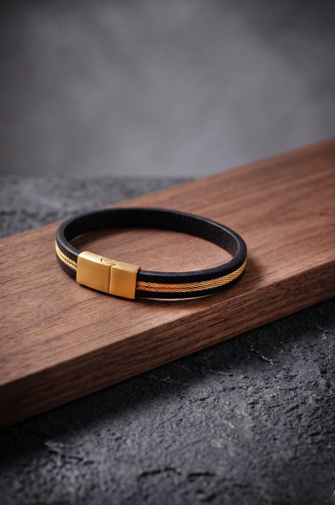 Men'S Black Leather & Gold Plated Cable Inlay Stainless Steel Bracelet : MSYKBL6D006