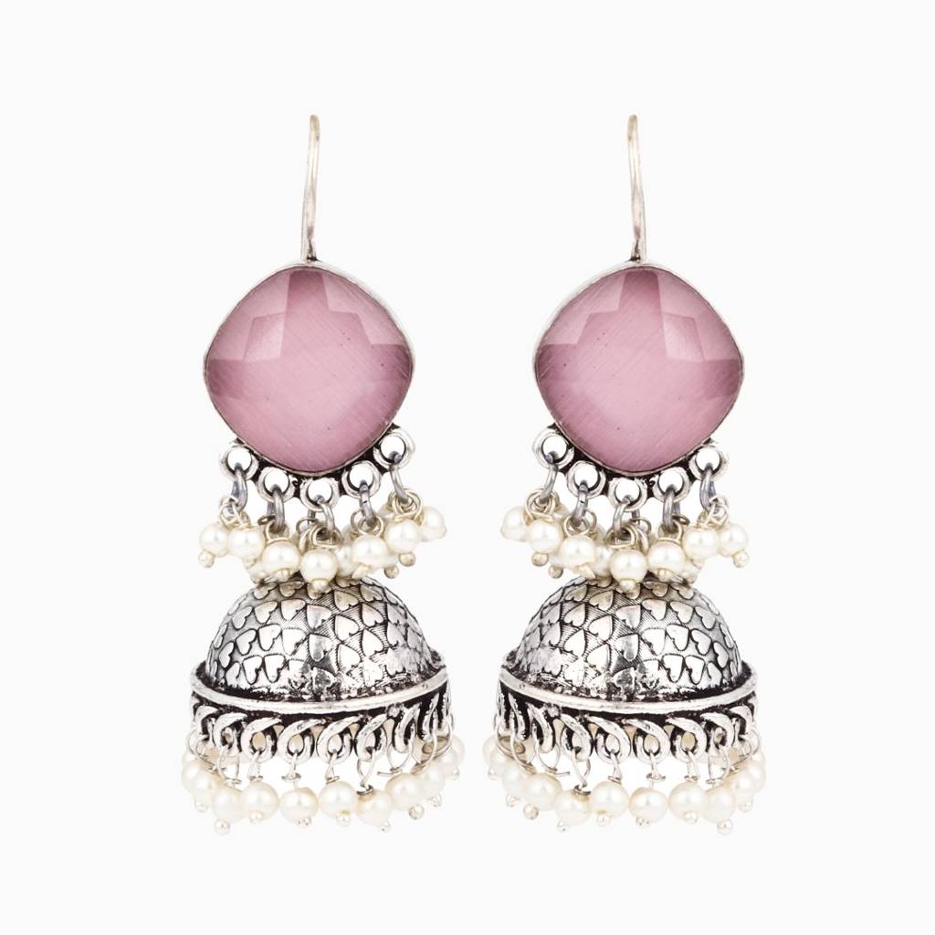Oxidised Silver Brass Stone Jhumka Earrings : S24AJER253PNK