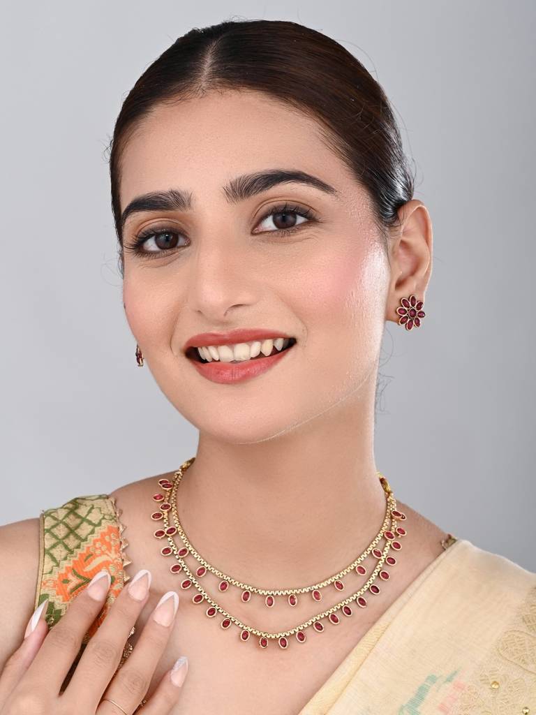 Gold Plated Delicate Double Layered Necklace Set : S24MRNKS485RED