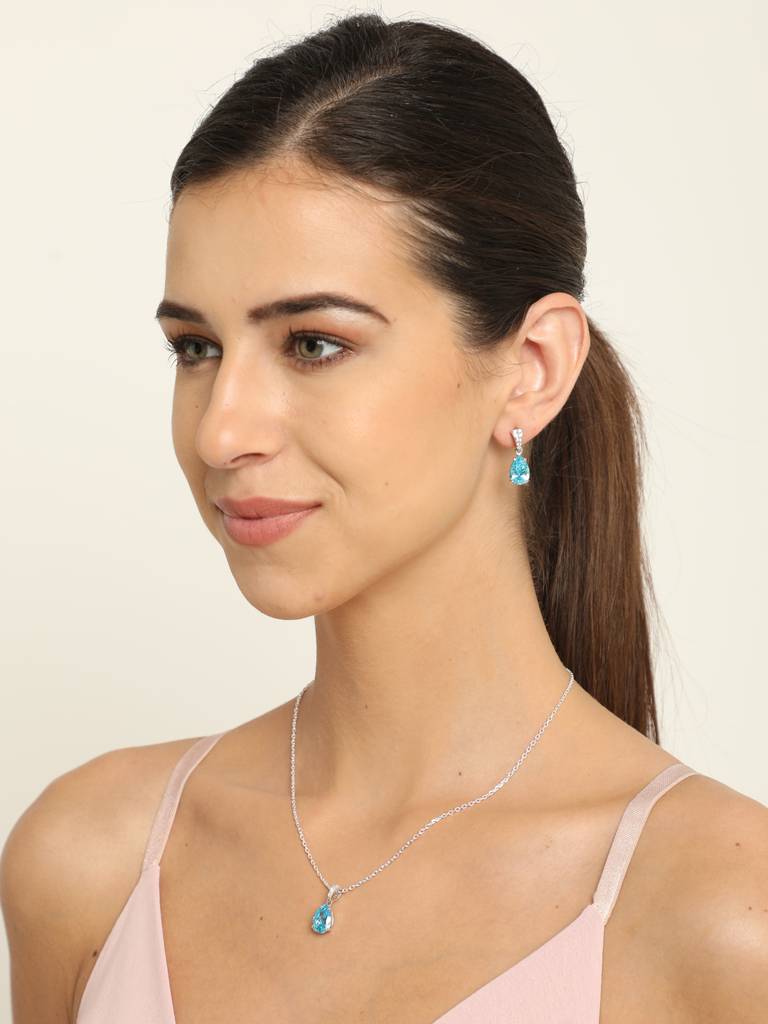 92.5 Sterling Silver Rhodium Plated Swiss Zirconia Sky Blue Tear Drop Pendant Earring Chain Jewellery Set Gif : CSCLRP4E4PR_BT