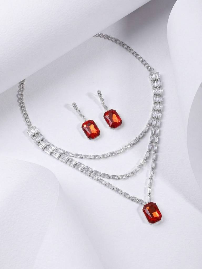 Ruby Red Stone Layered Crystal Necklace And Earrings Set For Women : REDTRIPLENS