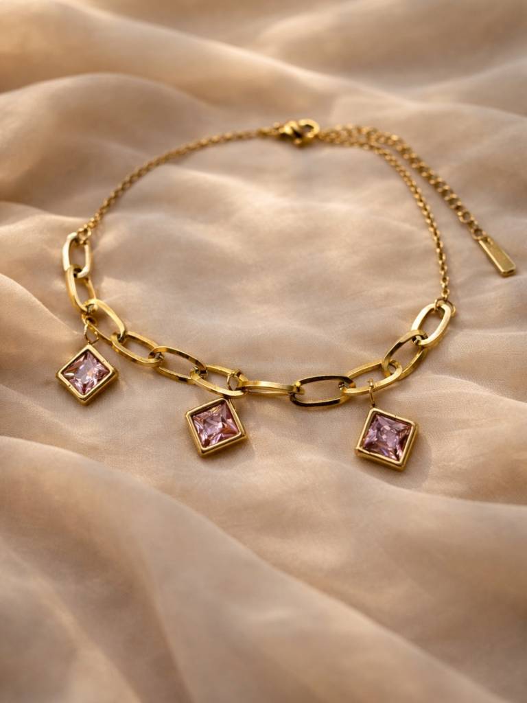 Quad Pink Charm Gold Bracelet | Anti-Tarnish Cz Chain Bracelet : ATCB753QPCB
