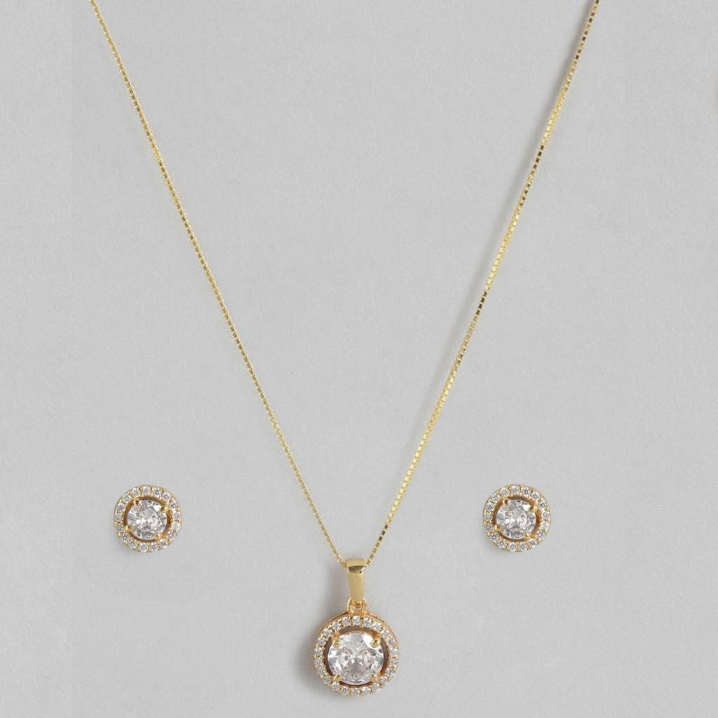 Classic Solitaire Golden Plated 925 Sterling Silver Jewellery Set : JS-70049-C