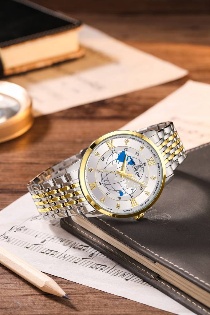 Baker Collection Analog Quartz Watch For Men With Stainless Steel Strap, Luminous Hands And World Map Dial Design : LFM10009-33
