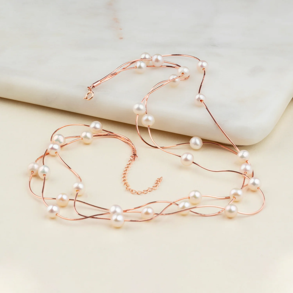 925 Silver Rose Gold Pearl Necklace | Faceted Crystal Necklace : NL1058
