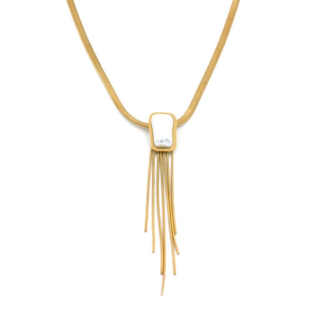 Lustrous Pearl Bar Pendant With Golden Fringe For Women : HSPS60MB0552