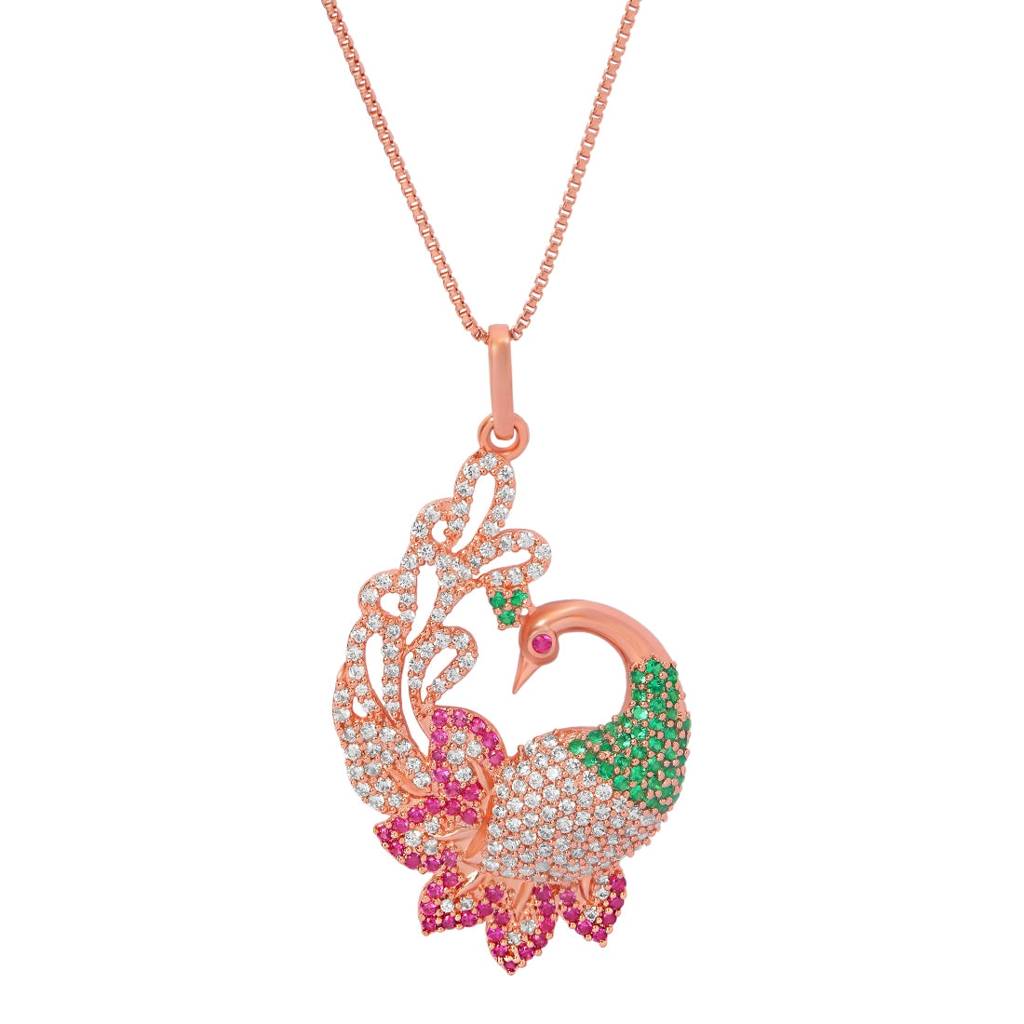 Regal Rose Gold-Plated 925 Sterling Silver Peacock Pendant : PEN-30065-C-RG