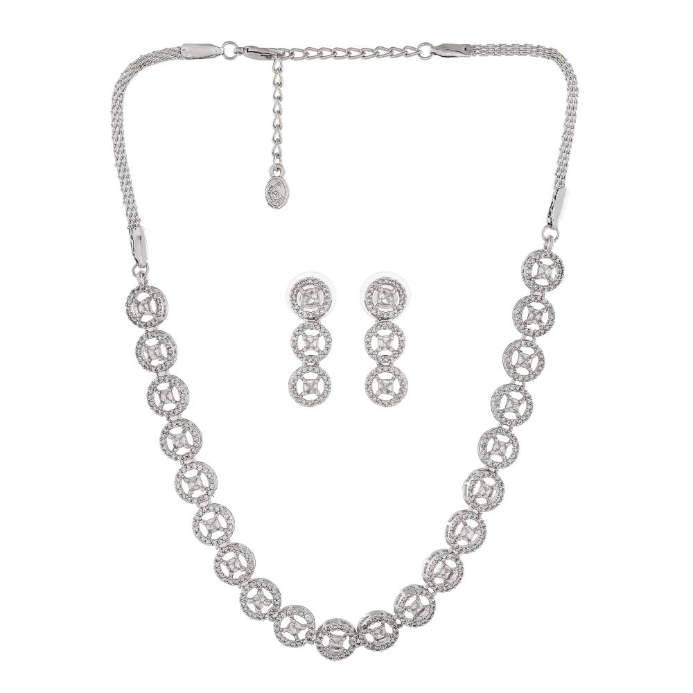 Estele Rhodium Plated Cz Rotating Glitter Necklace Set For Women
