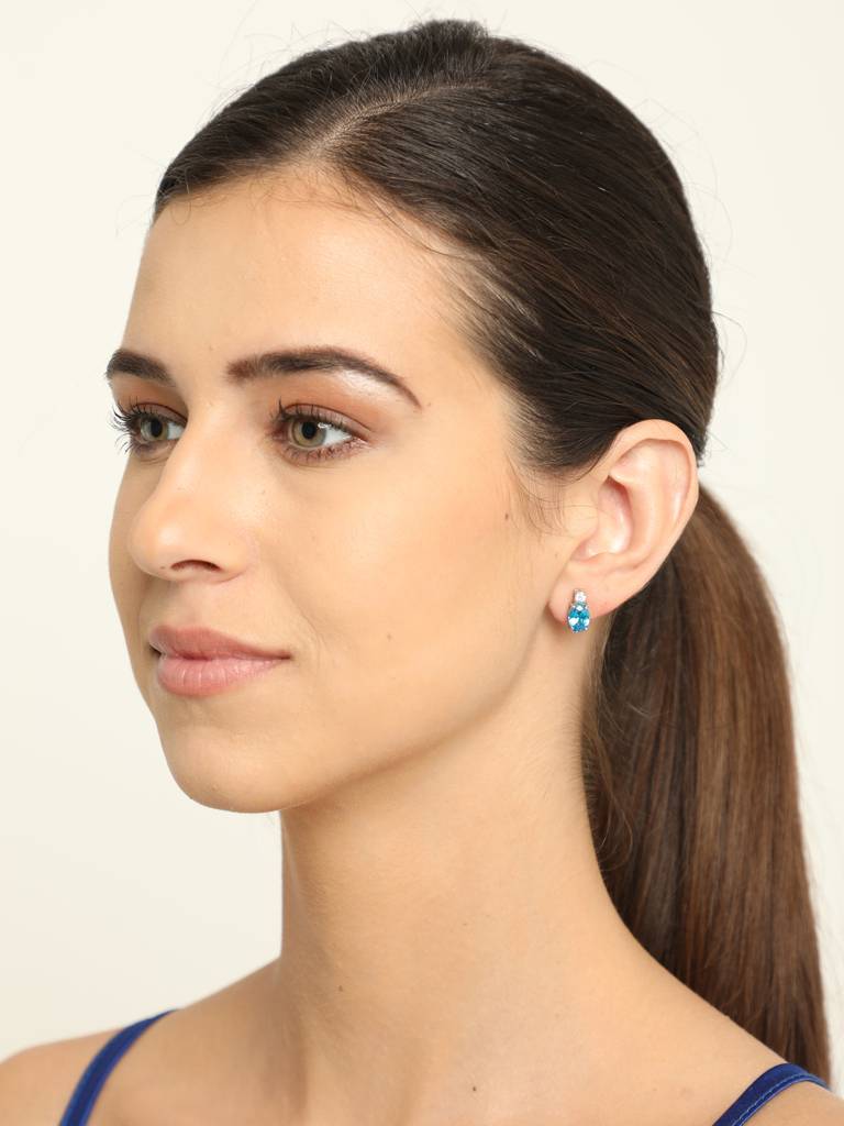 92.5 Sterling Silver Rhodium Plated Swiss Zirconia Sky Blue Oval Stud Earrings With Screw Back Gift For Women & : CSCLRE5OV_BT