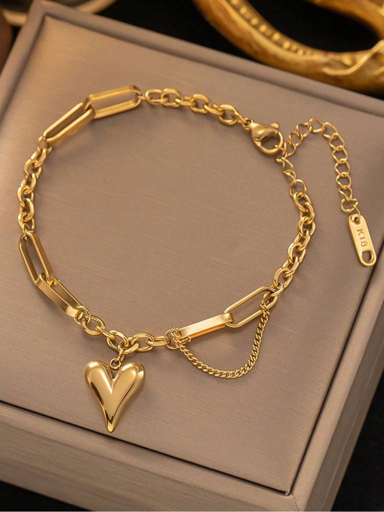 Heart Charm Linked Chain Bracelet Â 18K Gold, Adjustable & Anti-Tarnish : ATCB705HCLB