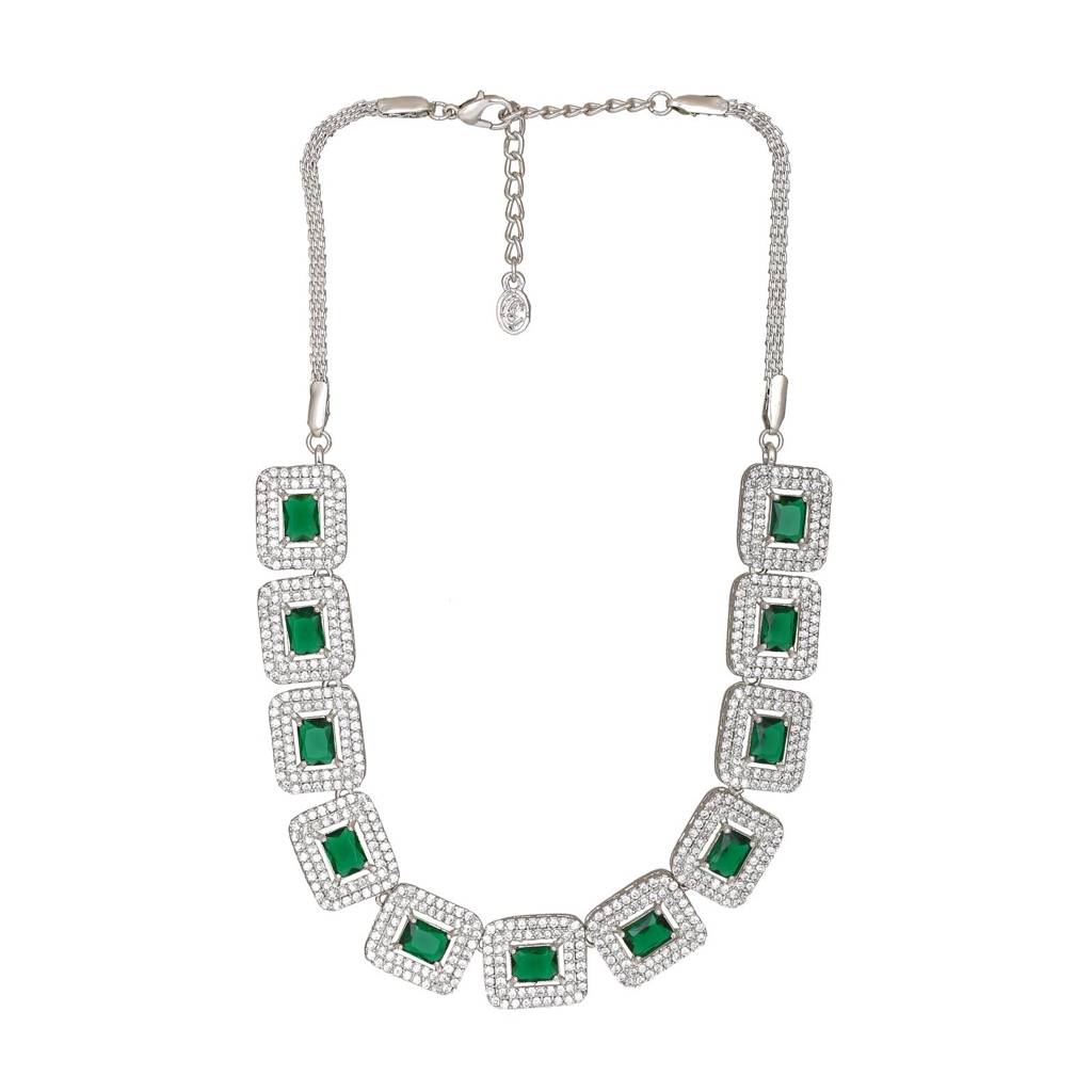 Estele Rhodium Plated Cz Beautiful Necklace Set With White & Green Crystals For Women