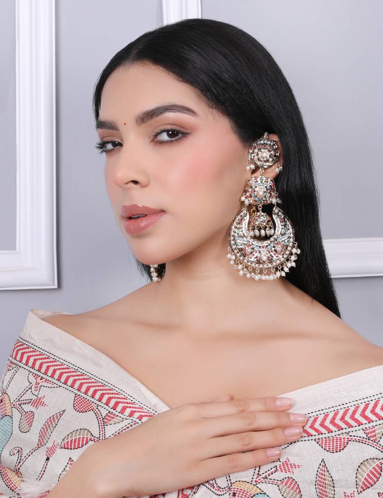 Navratan Jhumka Chaandbali Earrings With Kaanchain : ATQJ005