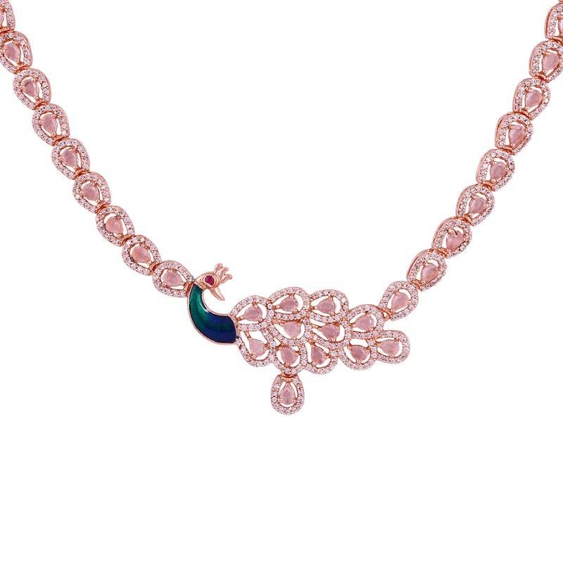 Peacock Accent Cz Sparkle Necklace Set | Rose Gold Plated | Party & Festive Glam : AD-918-RGMPNKER