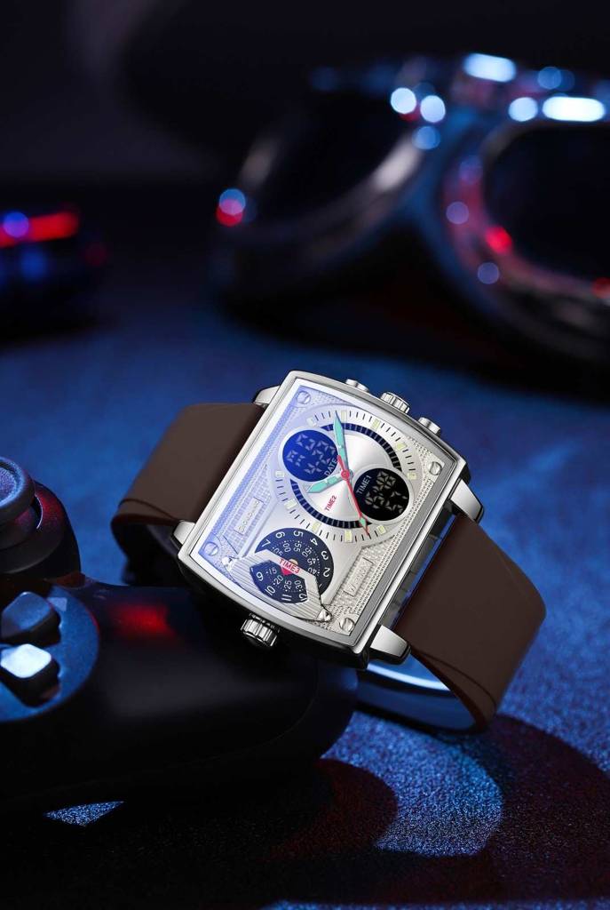 Giordano Square Analog-Digital Watch For Men – Triple Time Zone Displa, Silicone Strap : GZ-50161-02