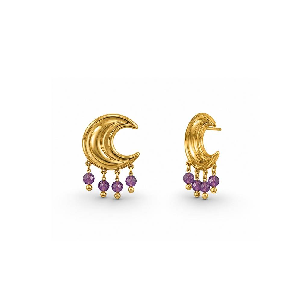 Women 18K Gold-Plated Crescent Moon Drop Earrings With Purple Beads : 101169