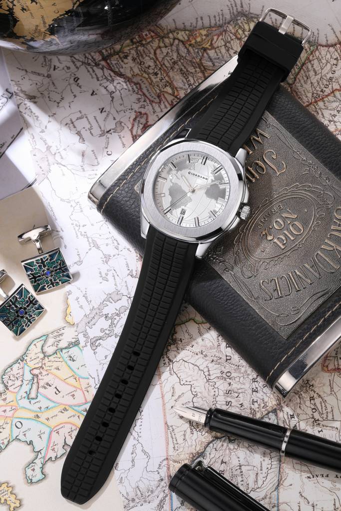 Stylish World Map Design Analog Watch For Men With Silver Case Round Dial, Textured Silicone Strap, Water Resist : GZ-50147-02